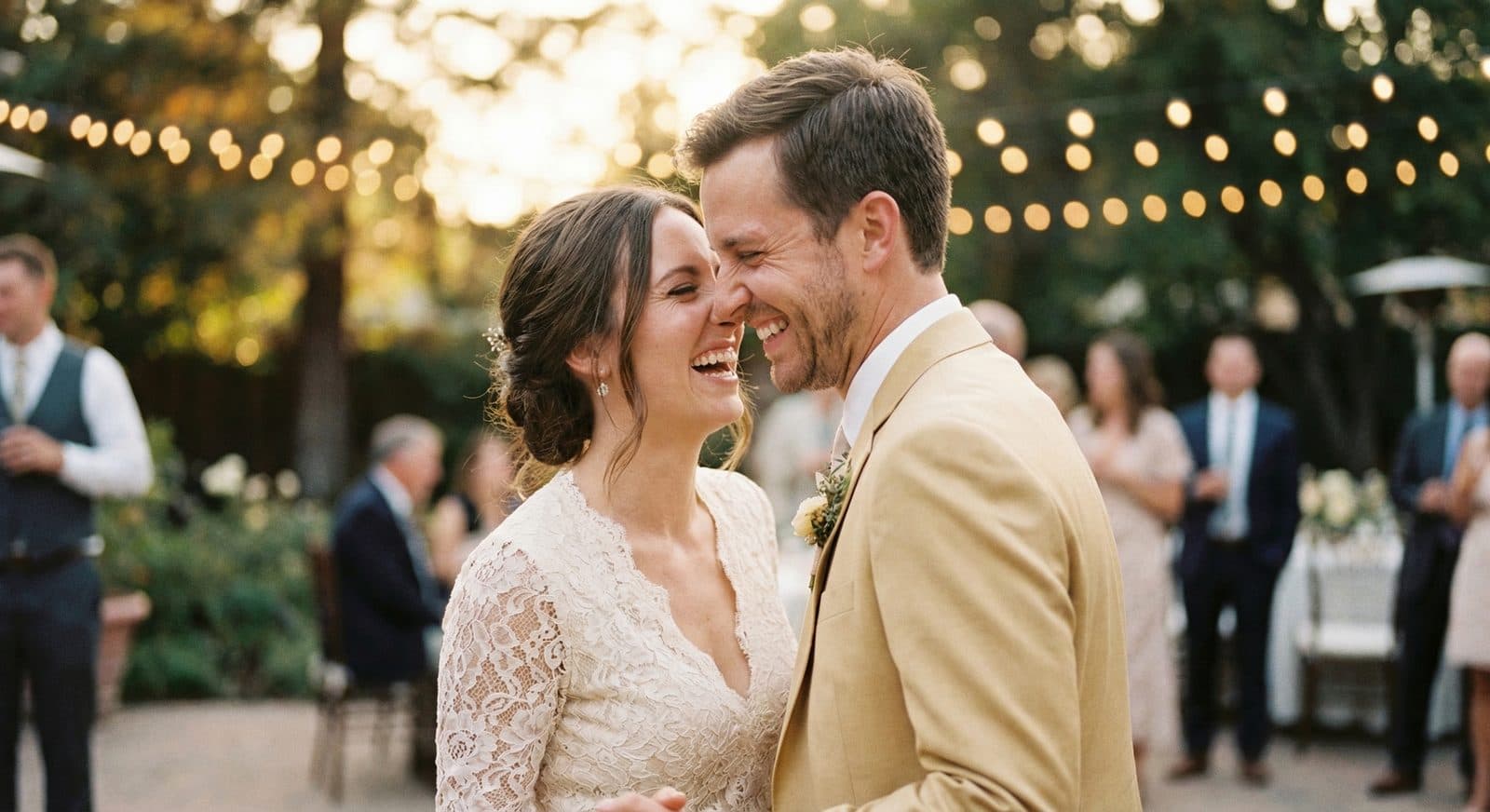 Happy couple at their wedding in warm golden hour light