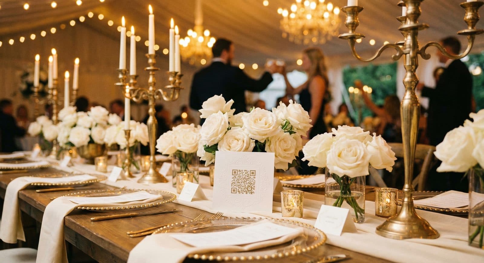 Elegant wedding table setting with QR code card among flowers and candles